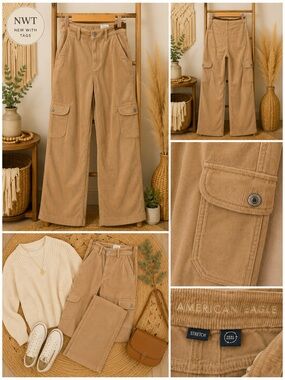 American Eagle Outfitters Wide-Leg Tan Corduroy Cargo Pants Size 00